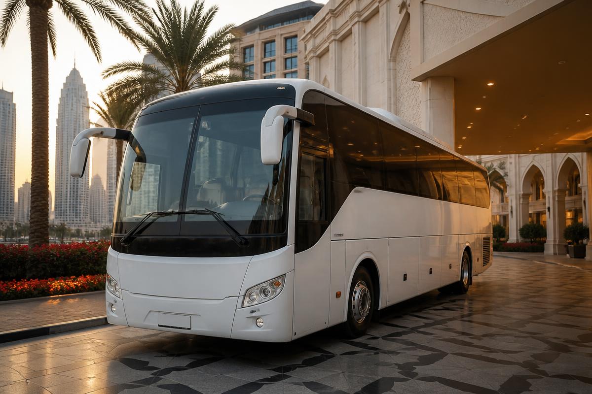 Luxury coach parked at a Dubai hotel drop-off