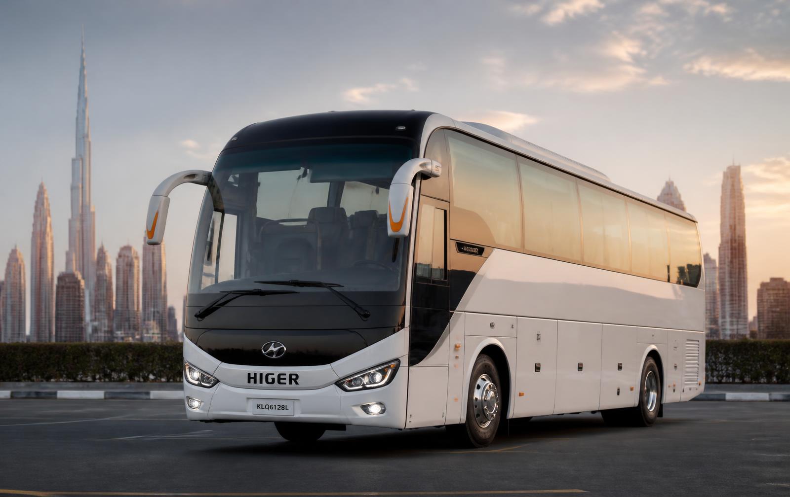 Luxury coach bus on a Dubai highway at sunset